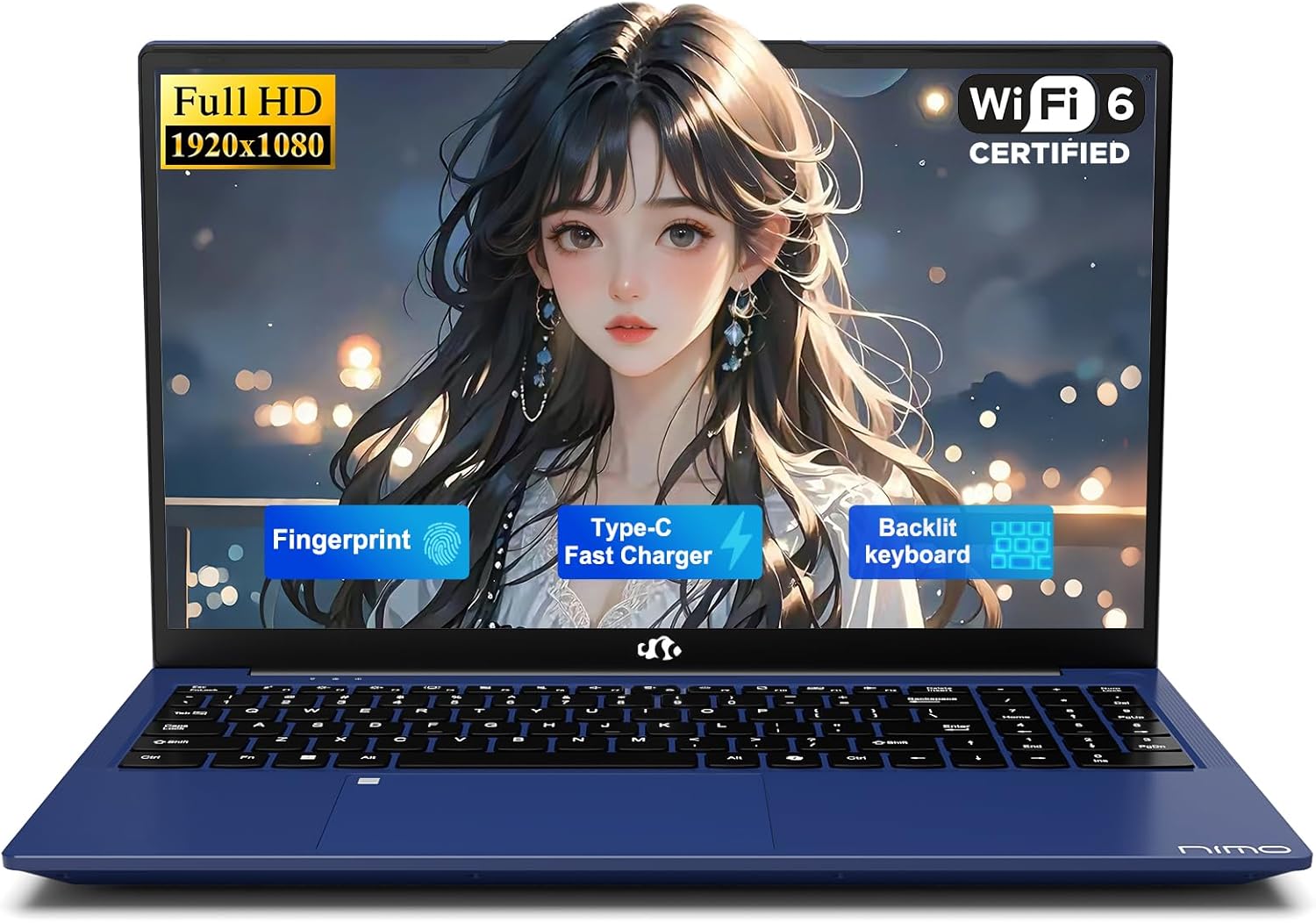 NIMO 15.6' IPS FHD-Student-Laptop, Intel Twin Lake N150 (4 Cores Up to 3.6GHz) with 2-Years-Warranty, 65W Type-C, Fingerprint, Backlit Keyboard, 53.58Wh Battery 8GB RAM 256GB SSD for Office and Home