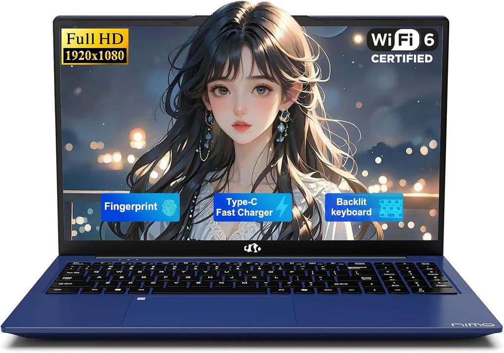 NIMO 15.6' IPS FHD-Student-Laptop, Intel Twin Lake N150 (4 Cores Up to 3.6GHz) with 2-Years-Warranty, 65W Type-C, Fingerprint, Backlit Keyboard, 53.58Wh Battery 16GB RAM 256GB SSD for Office and Home
