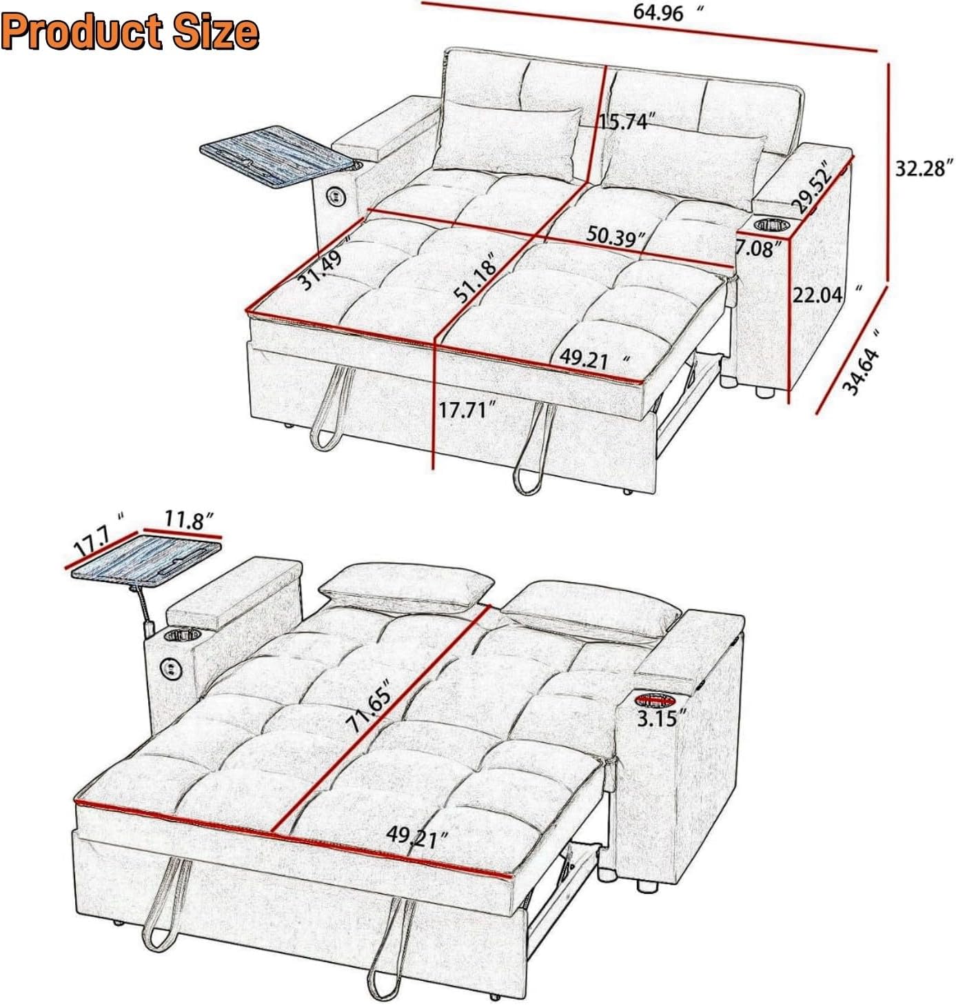oaaktu Large Size Convertible Sleeper Sofa Bed,Polka dot Velvet Pull Out Futon Couch with Storage handrails & Rotating Side Tables,Convertible Sofa Couch for Living Room,RV