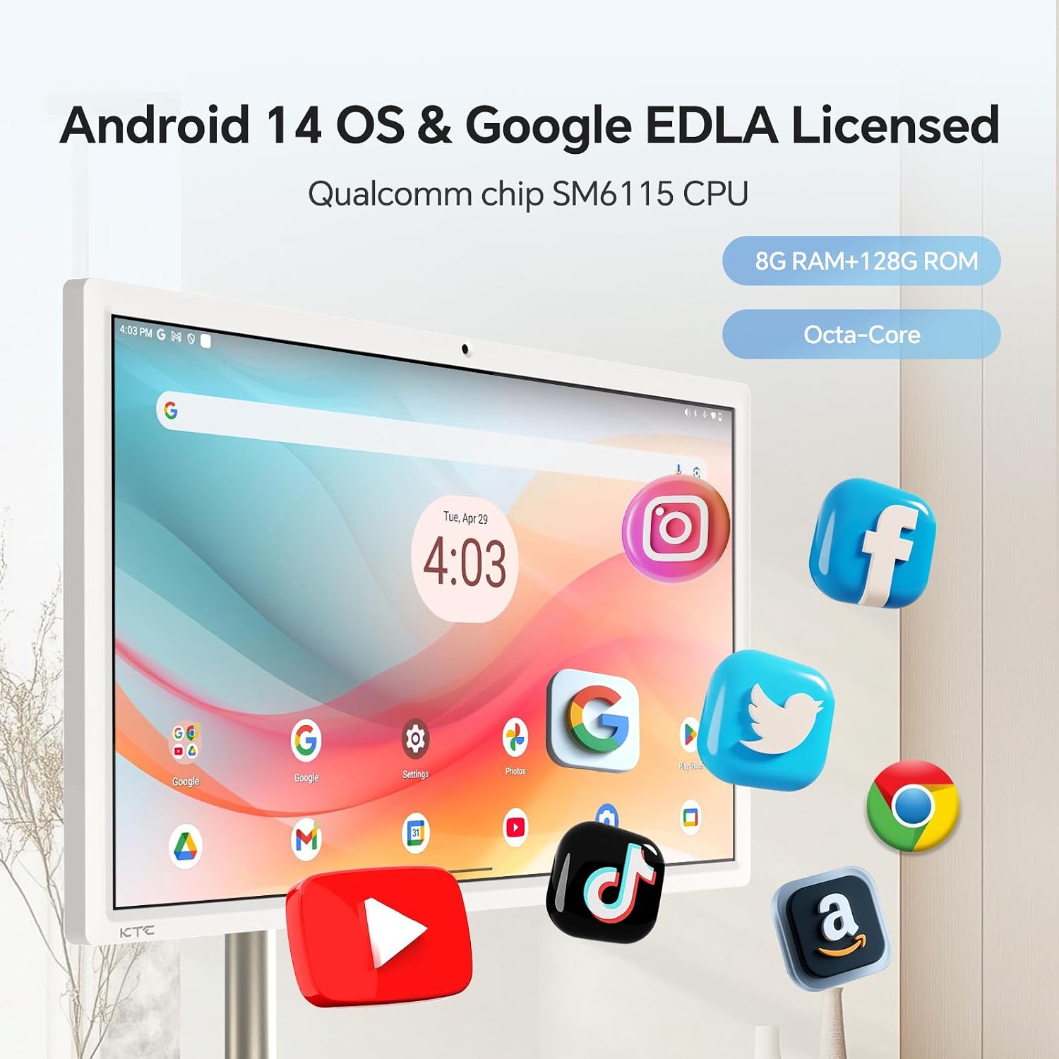 KTC 27' MEGAPAD 1080p Portable TV Touchscreen Monitor, EDLA-Certified Android 14 8G RAM +128G Storage Octa-core CPU Qualcomm Remote Control 9500mAh Battery Full Swivel Rotation Camera