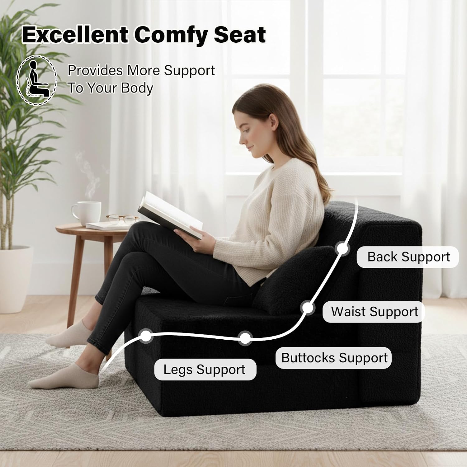 Tiita Convertible Folding Sofa Bed Single Size for Adults with Pillow, Plush Fabric Floor Mattress Couch Bed, Washable Cover & Side Pocket, Guest Room, Dorm, Apartment, Living Room, Black