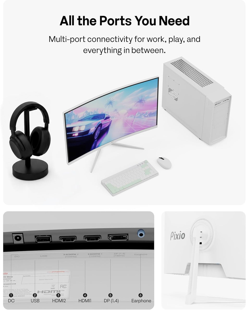 Pixio PXC278 Wave White 27 inch 180Hz Refresh Rate QHD 1440p Resolution 1650R Curved Fast VA Panel 1ms GTG Response Time Adaptive Sync HDR Curved Gaming Monitor