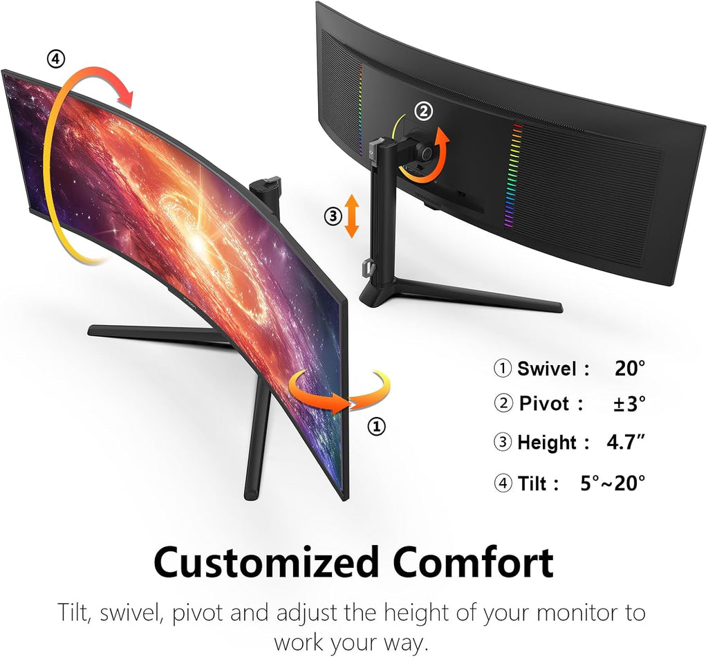 INNOCN 49' 49Q1S OLED Curved Gaming Monitor 5120 x 1440p 240Hz, 0.03ms, USB Type C 90W, HDMI 2.1, DisplayPort, USB Hub, Surrounding Speakers, Adaptive-Sync, Height Adjustable Stand, Black