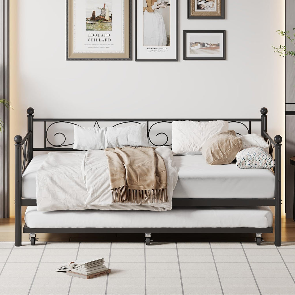 IDEALHOUSE Twin Daybed with Trundle, Metal Trundle Bed, Sofa Bed Frame, Heavy Duty Metal Slats, for Living Room, Bedroom, Guest Room, Space Saving, Modern Black