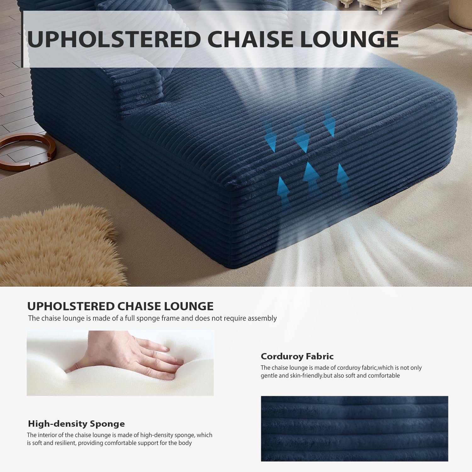 67 Inch Chaise Lounge Chair Indoor, Oversized Corduroy Upholstered Boneless Sofa Bed, Deep Seat Sleeper Couch Reading Chairs, Cloud Sofas Couches for Living Room, No Assembly Required (Blue)