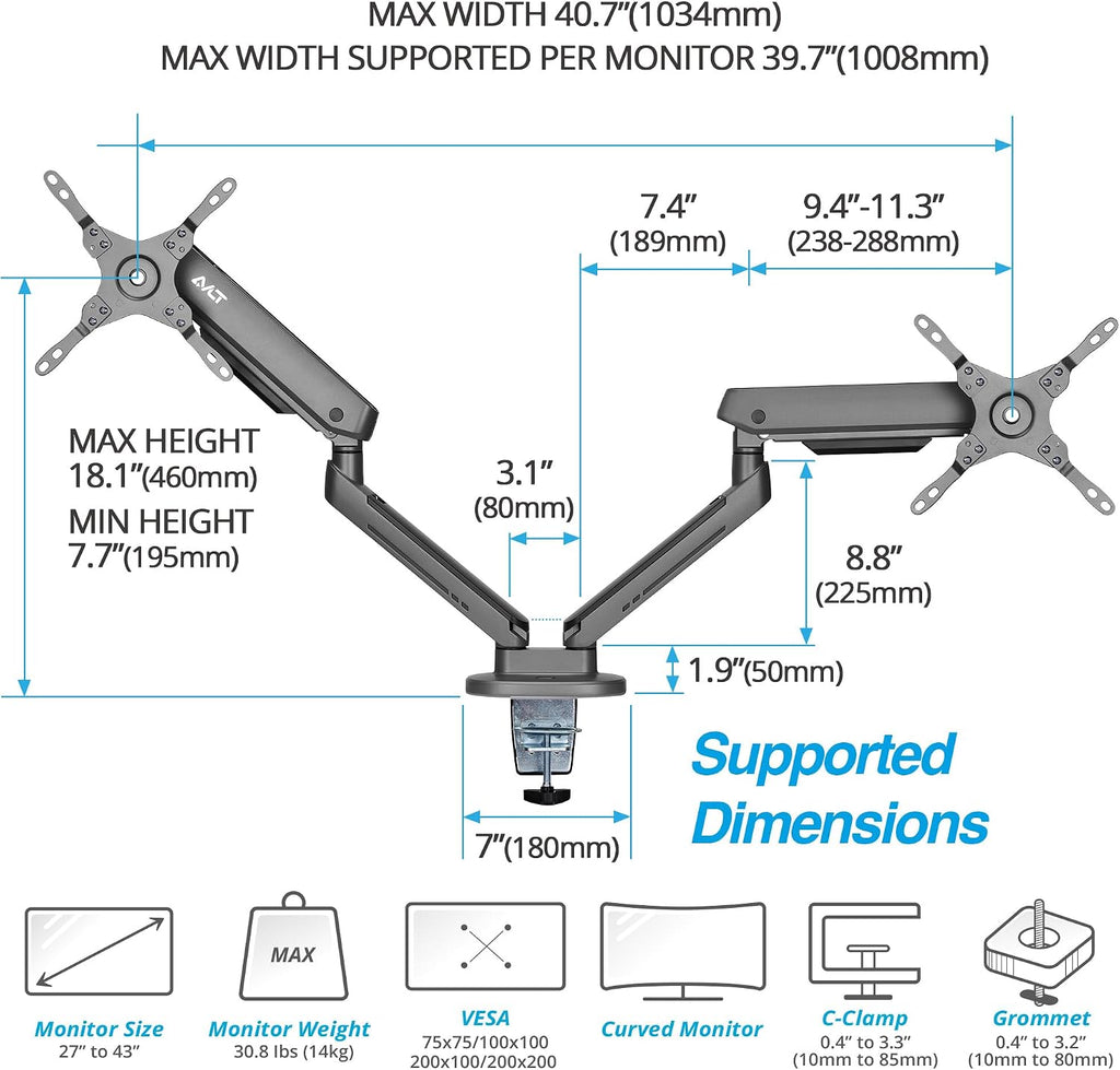 AVLT Dual 27'-43' RGB Gaming Monitor Arm Desk Mount Built-in 20 Lighting Modes Touch Button Control Fits Flat/Curved/Ultrawide Screen Height Swivel Tilt Rotation Adjustable Monitor Stand -Dark Gray