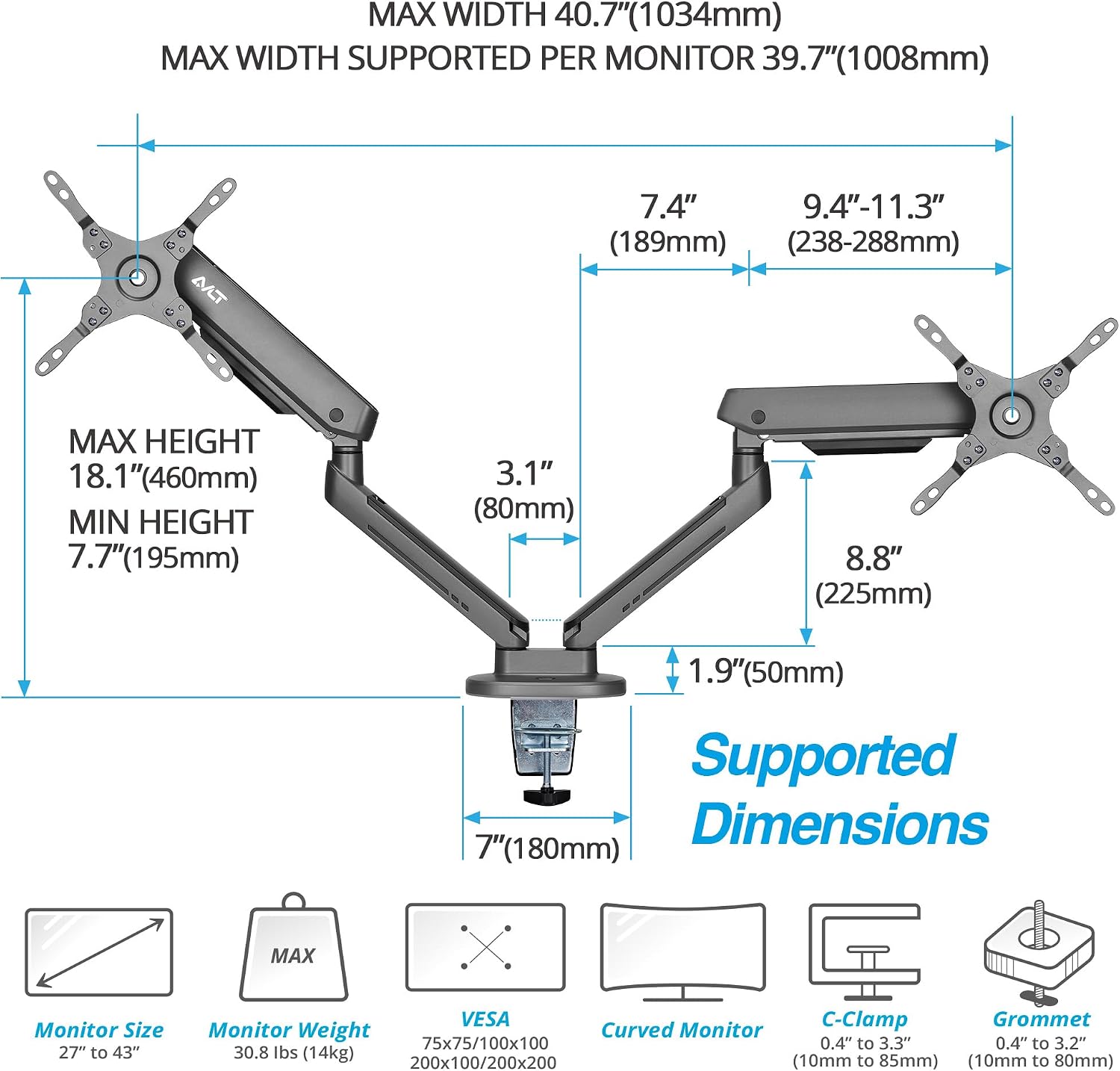 AVLT Dual 27'-43' RGB Gaming Monitor Arm Desk Mount Built-in 20 Lighting Modes Touch Button Control Fits Flat/Curved/Ultrawide Screen Height Swivel Tilt Rotation Adjustable Monitor Stand -Dark Gray