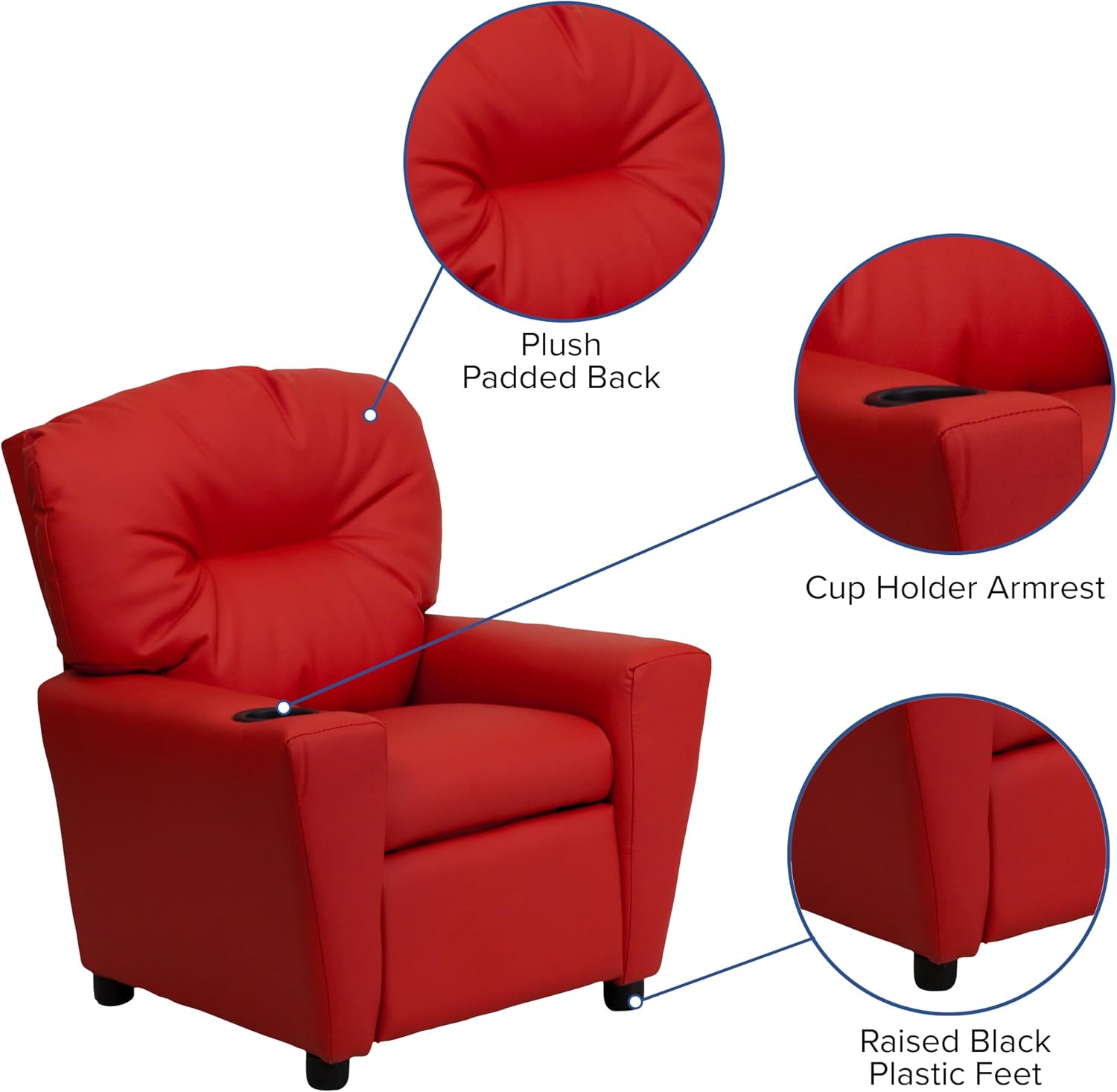 Flash Furniture Chandler Vinyl Kids Recliner with Cup Holder and Safety Recline, Contemporary Reclining Chair for Kids, Supports up to 90 lbs., Red