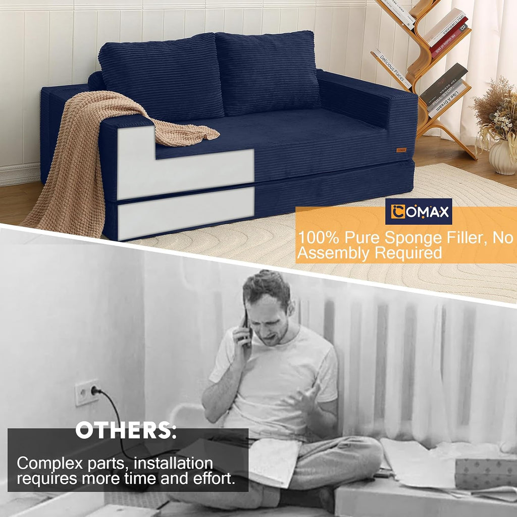 COMAX Convertible Sofa Bed Queen, Corduroy Folding Floor Couch Pull Out Couch Bed Futon Sleeper with Pillows, Fold Out Boneless Sofa Comfy Lounge Mattress Loveseat for Living Room Bedroom, Navy