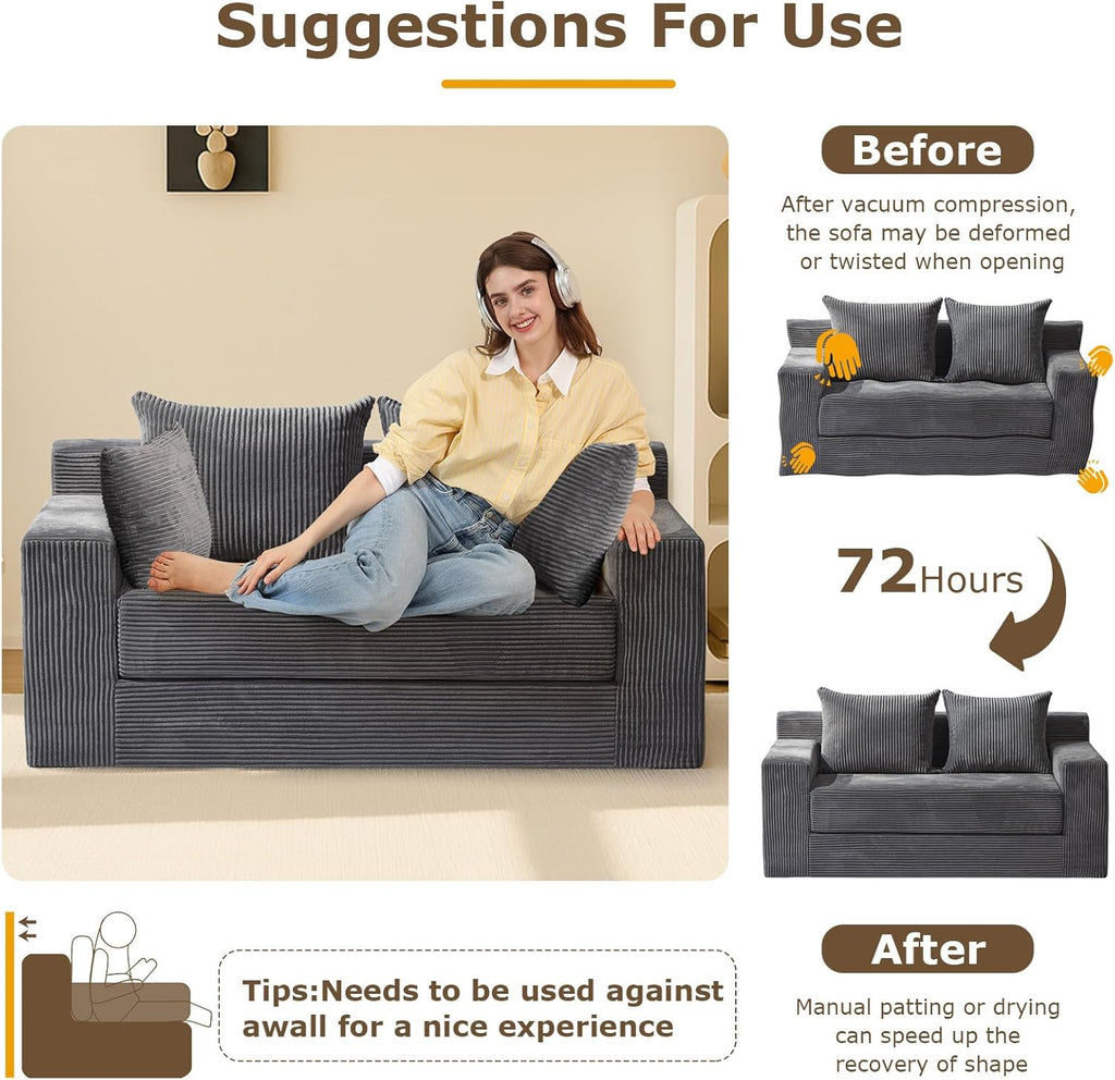 cidludto Convertible Sofa Bed, 3 in 1 Loveseat Folding Couch Bed Foldable - Boneless Couch & Floor Futon Sleeper, Corduroy Pull Out Sofa Bed with 4 Pillows for Living Room, Grey