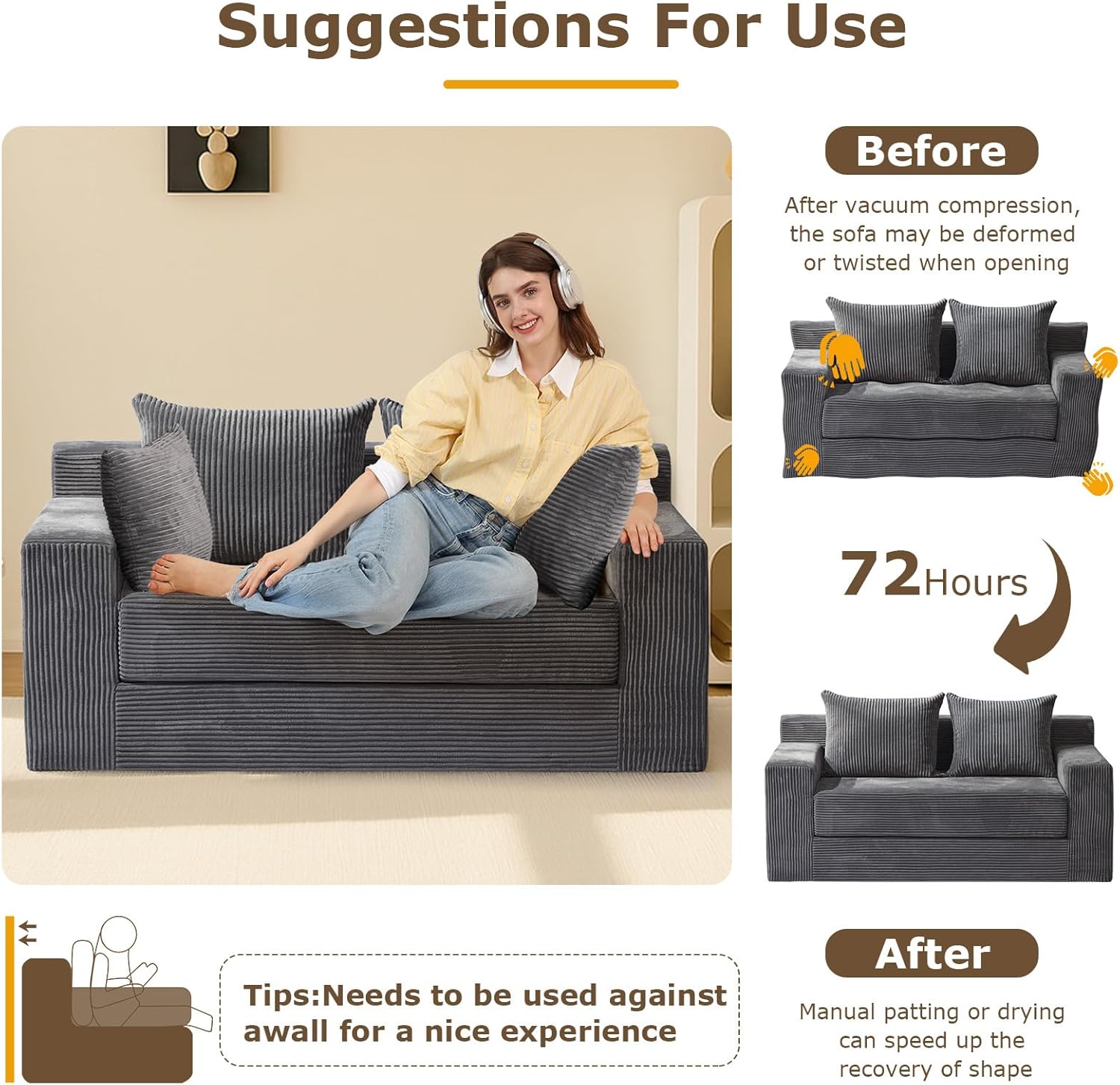 cidludto Convertible Sofa Bed, 3 in 1 Loveseat Folding Couch Bed Foldable - Boneless Couch & Floor Futon Sleeper, Corduroy Pull Out Sofa Bed with 4 Pillows for Living Room, Grey