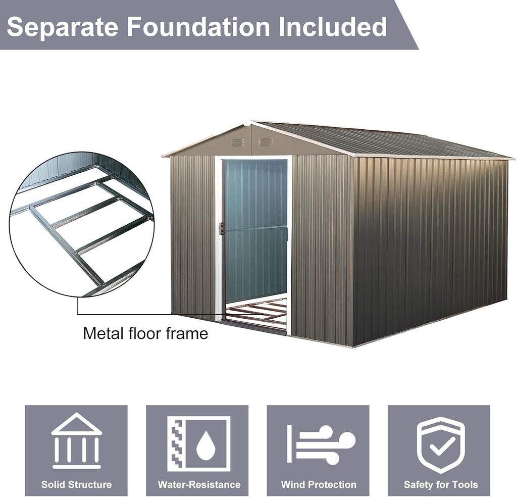 Ball & Cast 8x10 FT Outdoor Storage Shed,Metal Waterproof Garden Shed with Sliding Doors and Padlock,All Weather Heavy-Duty Tool Shed W/Vents, Foldable House for Garden Backyard,Lawn,Gray