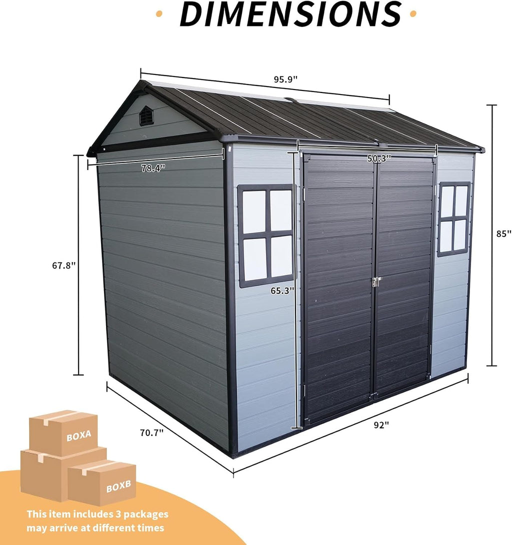 8x6FT Resin Outdoor Storage Shed with 2 Windows, Outdoor Storage Shed with Floor Lockable Door for Garden Tools, Bicycles, Trash Cans, Gray+Black (8x6 FT Steel)