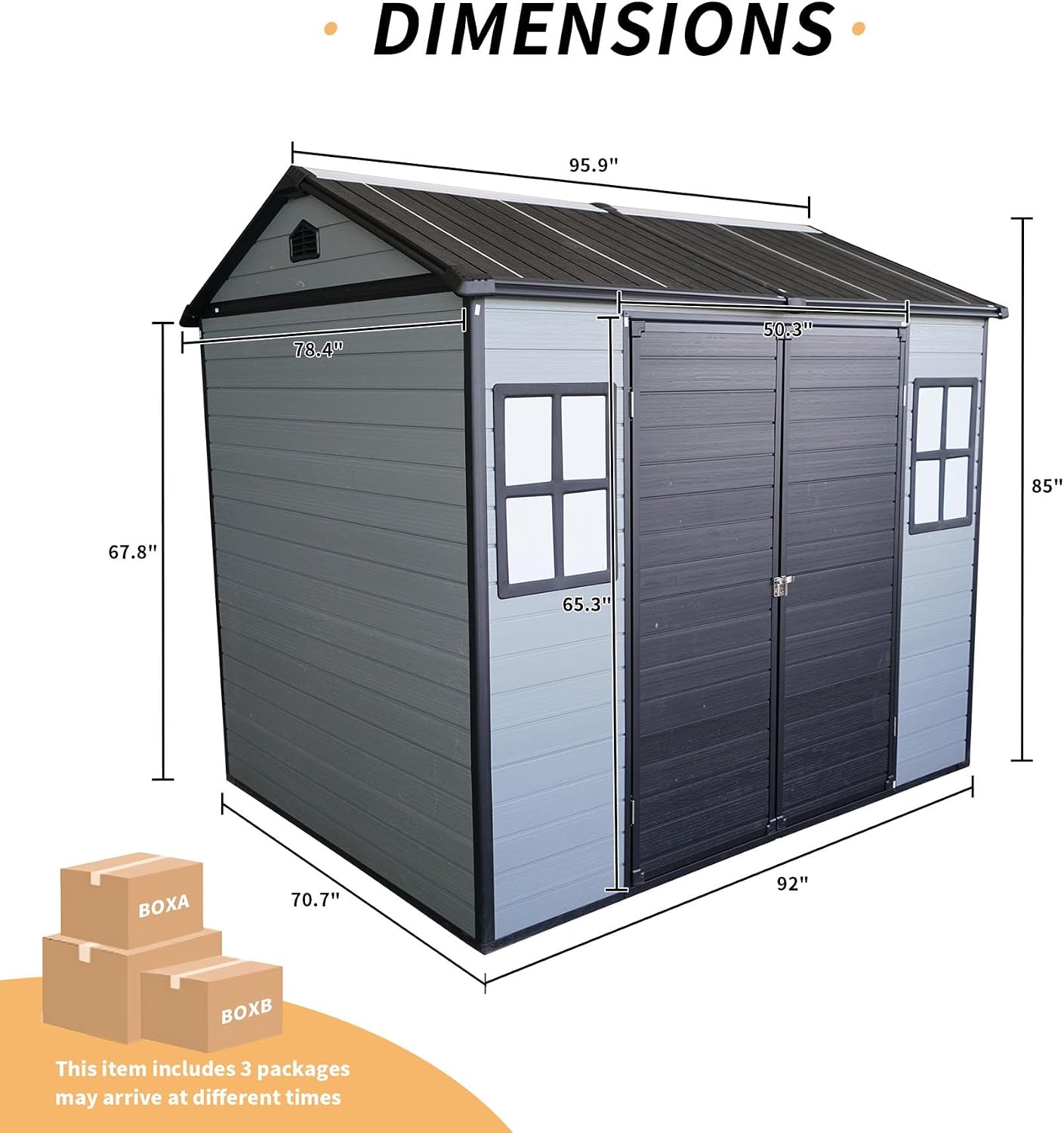 8x6FT Resin Outdoor Storage Shed with 2 Windows, Outdoor Storage Shed with Floor Lockable Door for Garden Tools, Bicycles, Trash Cans, Gray+Black (8x6 FT Steel)