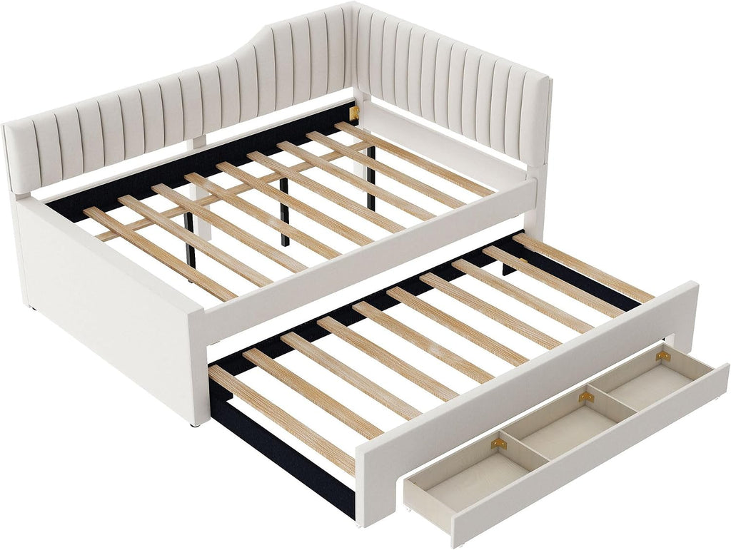 Merax Full Size Upholstered Wood Daybed Extendable Sofa Bed with Trundle and Three Storage Drawers for Living Room Guest Room, Beige