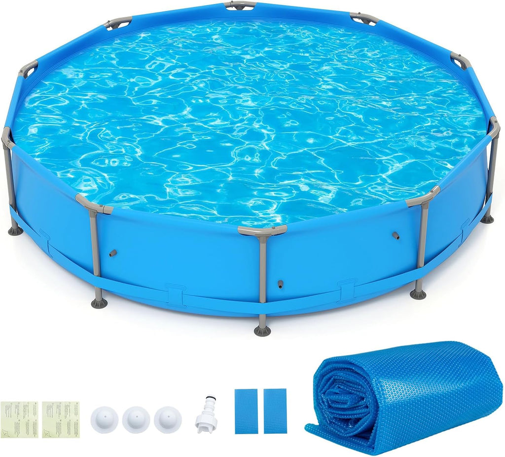 Goplus Above Ground Swimming Pool, Frame Family Pool Set w/Metal Frame, PVC Fabric, 3 Stoppers, Drainage Valve Connector, for Outdoor, Backyard, Garden, Patio (12' Round w/Solar Cover, 1617 Gal, Blue)
