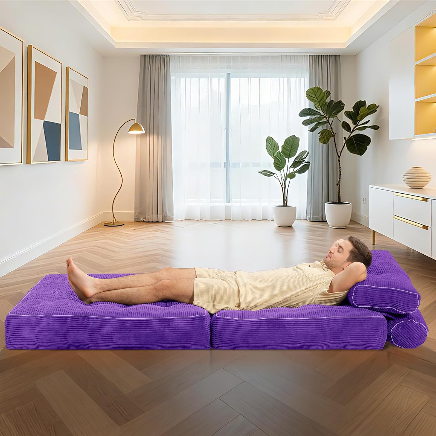 HABUTWAY Folding Sofa Bed, Convertible Sleeper Chair Bed w/Dual-Pillow & Handle, Foldable Floor Sofa Lounge w/Back Support for Living Room, Bedroom, Apartment, Office, Single, Purple