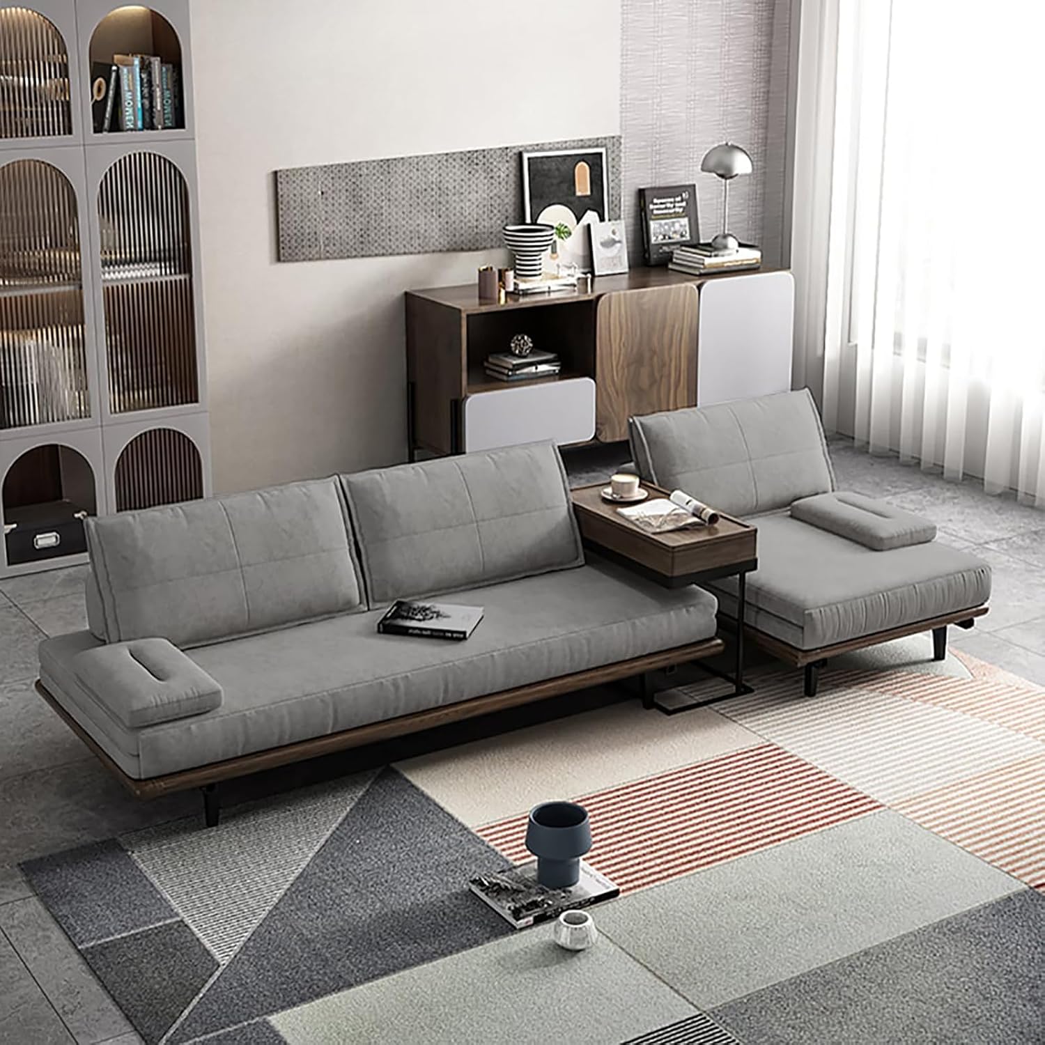 homary Modern Pull Out Sofa Bed Khaki Sleeper Sofa 78.7'' Mid Century Wood Convertible Sofa with Pull Out Bed Cotton & Linen (Gray)