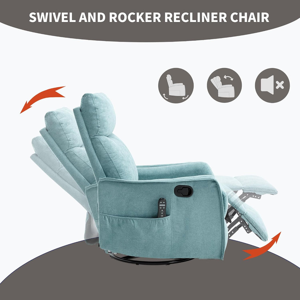Massage Chair Recliner with Heat, 360° Swivel Glider Rocker with Reclining Backrest and Footrest, Manual Lazy Boy Recliners for Adults, Modern Nursery Rocking Chairs (Antique Blue Green)
