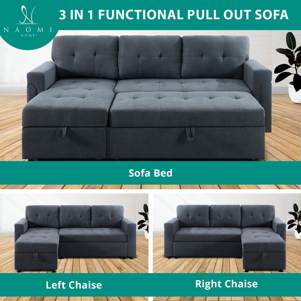 Naomi Home L Shaped Sectional Couch with Storage & Pull Out Bed – 3-in-1 Convertible Sleeper Sofa Bed, Small L Shape Sofa for Living Room, Sofa Bed with Storage Chaise in Dark Gray, Velvet