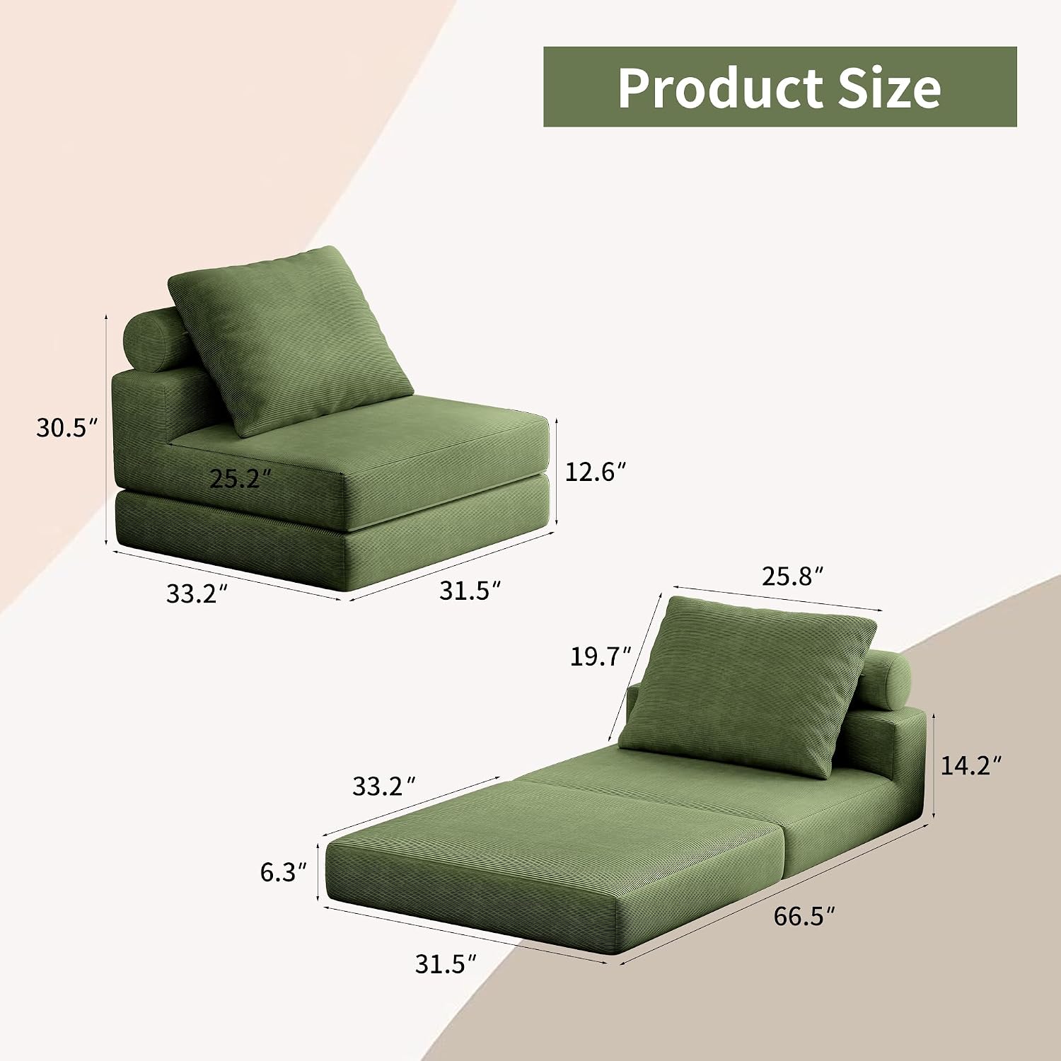 Folding Sofa Bed, 3-in-1 Convertible Sleeper Chair Bed with Pillows, Foldable Floor Couch with High-Density Foam, Futon Small Boneless Couch for Living Room Bedroom Lounge, Single, Green