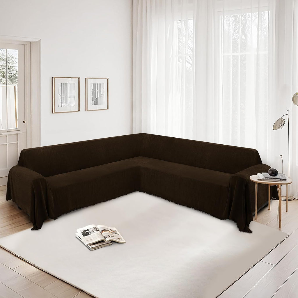HDCAXKJ Corner Sectional Couch Covers for Dogs L Shape Sofa Cover with Tassel Chenille Super Soft Non Slip U Shaped Couch Cover Blanket Washable Sectional Slipcover Protector (Chocolate, 91x276 inch)