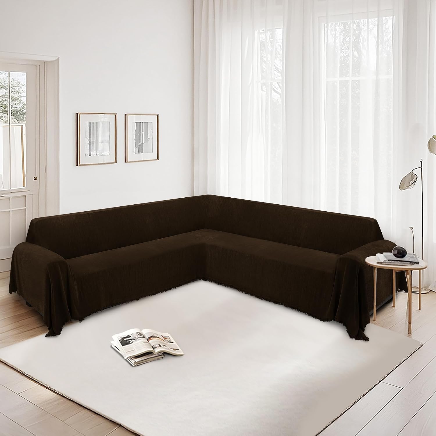 HDCAXKJ Corner Sectional Couch Covers for Dogs L Shape Sofa Cover with Tassel Chenille Super Soft Non Slip U Shaped Couch Cover Blanket Washable Sectional Slipcover Protector (Chocolate, 91x276 inch)