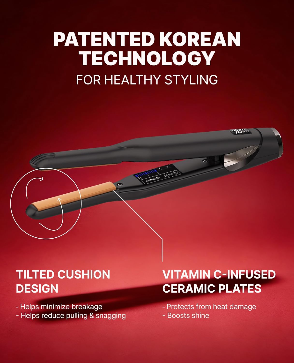 GLAMPALM Classic Volumizing 0.4' | Ceramic Flat Iron Infused with Vita-C Curved Plates for Volume & Curl Korean No.1 Hair straighteners for Women, Root Volume Iron | GP102