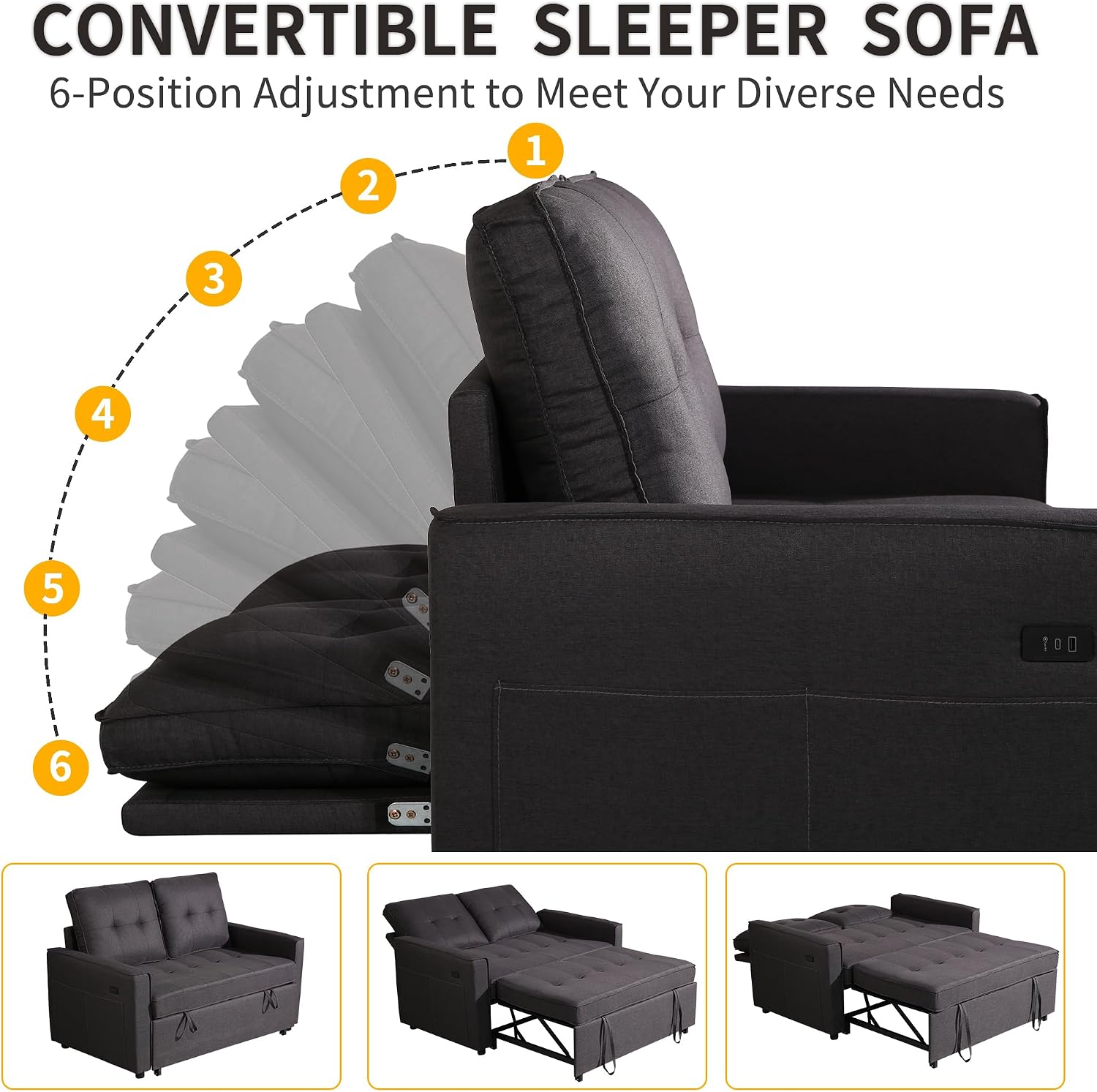 EJUNQ Pull Out Couch, Convertible Sofa Bed with USB and Reclining Backrest, Modern 3 in 1 Sleeper Sofa Couch Bed with Side Pockets, Comfortable Loveseat Sleeper for Small Spaces.(Dark Grey)