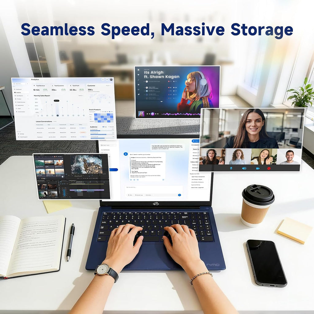 NIMO 15.6' IPS FHD-Student-Laptop, Intel Twin Lake N150 (4 Cores Up to 3.6GHz) with 2-Years-Warranty, 65W Type-C, Fingerprint, Backlit Keyboard, 53.58Wh Battery 8GB RAM 256GB SSD for Office and Home