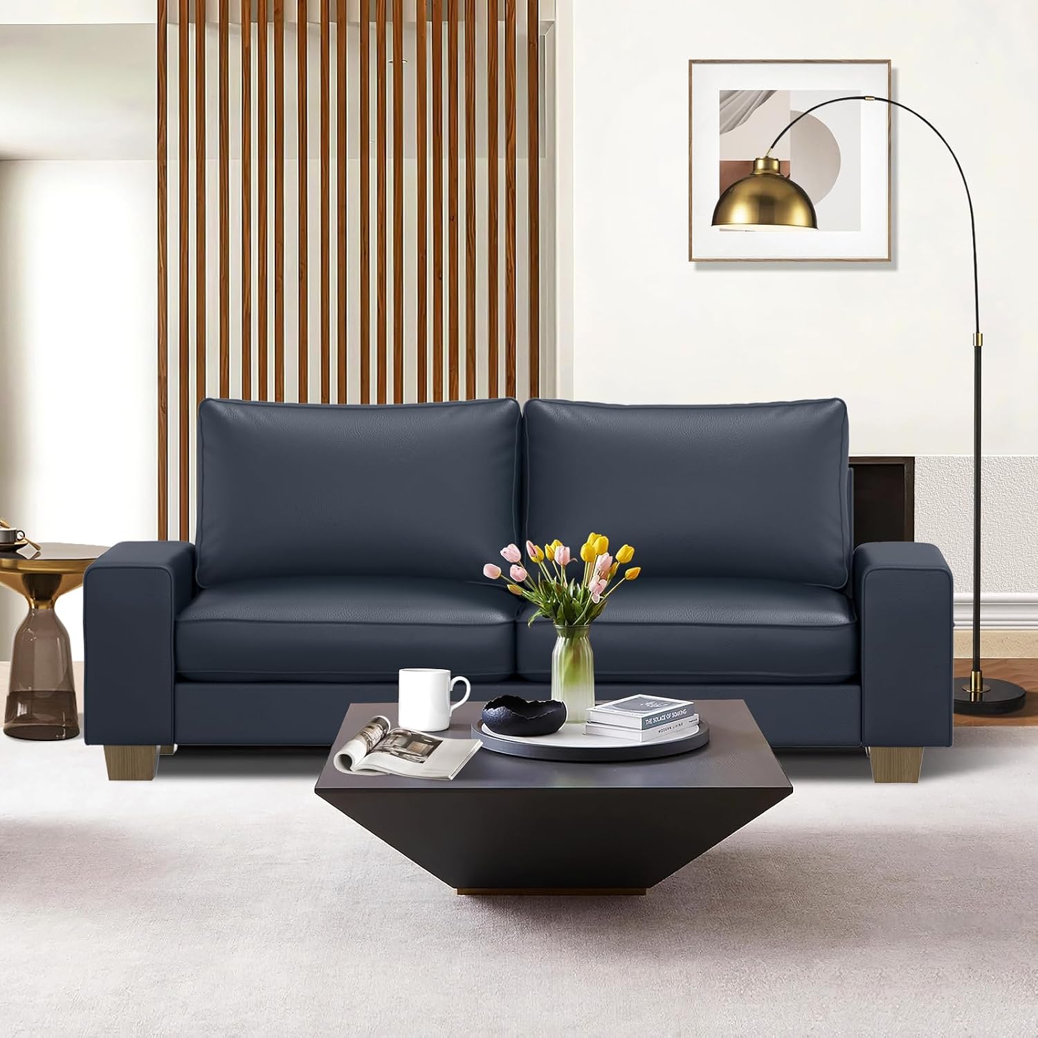 Valthie Faux Leather Couch, Mid Century Modern Comfy Loveseat Sofa with Wide Arm, Side Pockets, Solid Wooden Frame for Office, Living Room and Bedroom, 2 Seater (Blue, 71.25 inches)