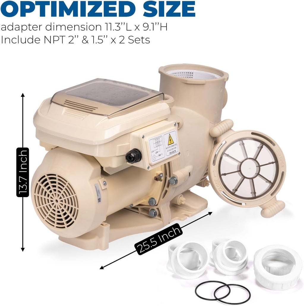 XtremepowerUS 2HP SuperFlow Variable Speed Swimming Pool Pump 230V, InGround 7,860 GPH 1.5' 2' Fitting Adapter, Self Priming Compatible EC-342001 Max 2.2HP