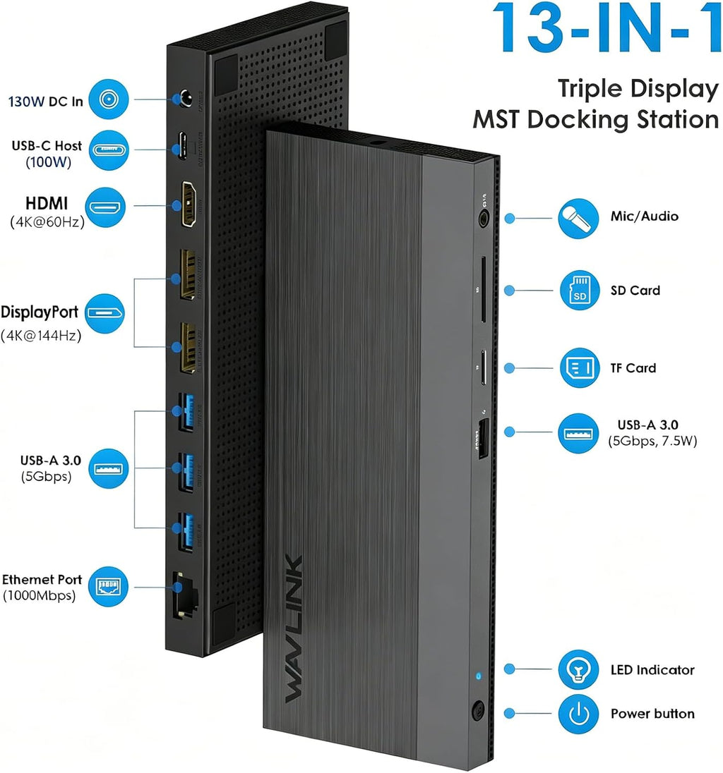 Laptop Docking Station, Docking Station 3 Monitors with 2* DP+HDMI, 4K@144Hz,130W PD Charger, 4* USB 3.0, Audio, Gigabit Ethernet, TF/SD for Lenovo,HP,Dell, Windows System Computer