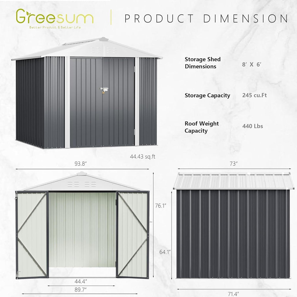 Greesum 8x6FT Outdoor Storage Shed, Utility Tool Shed with Sloping Roof, Metal Storaged Garden Shed with Door & Lock for Patio Storage, Gray