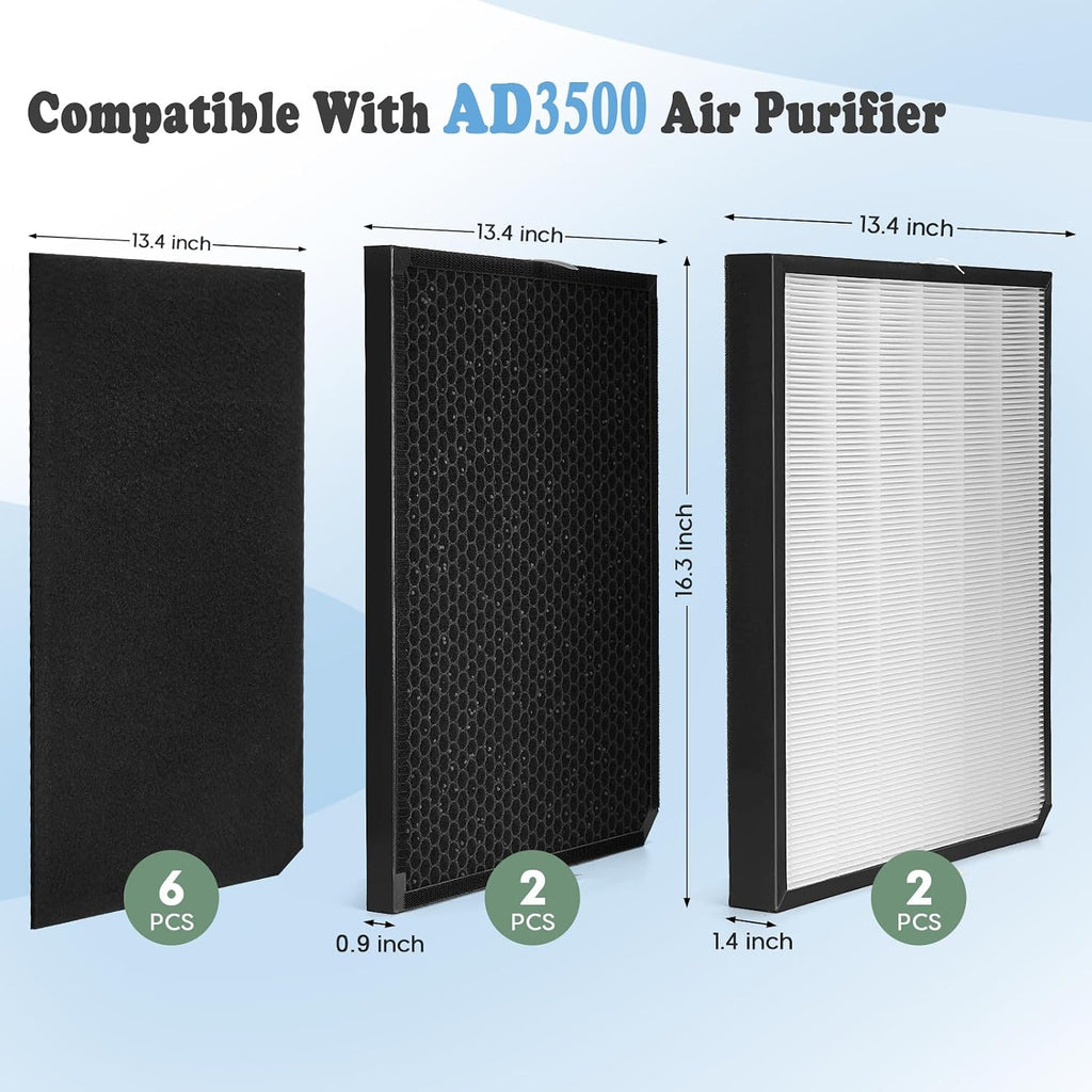 AD3500 Air Purifier Filters Replacement Set Compatible with AD3500 AD3000 2500i (2 High-Efficiency Filter, 2 Carbon Filters and 6 Pre-Filters) 10Pack Filter