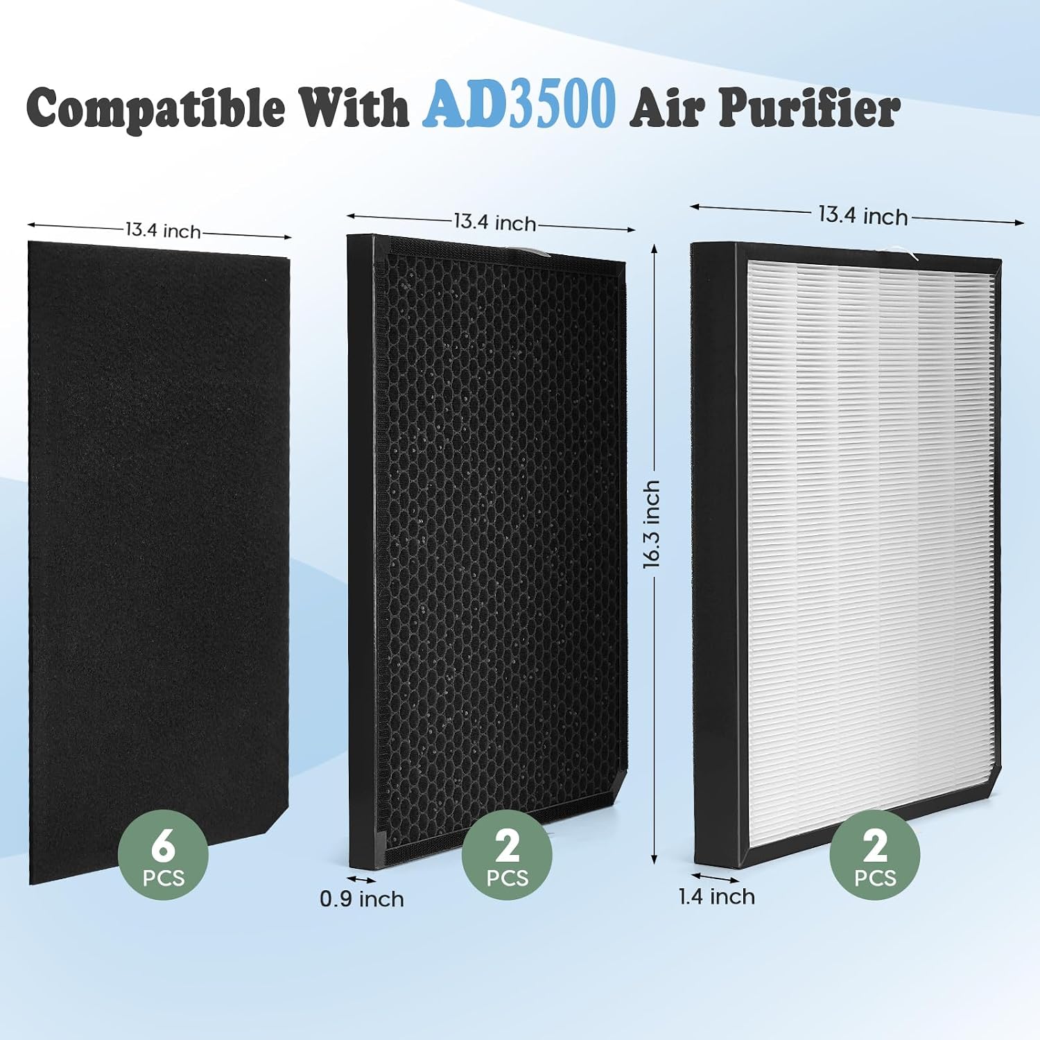 AD3500 Air Purifier Filters Replacement Set Compatible with AD3500 AD3000 2500i (2 High-Efficiency Filter, 2 Carbon Filters and 6 Pre-Filters) 10Pack Filter