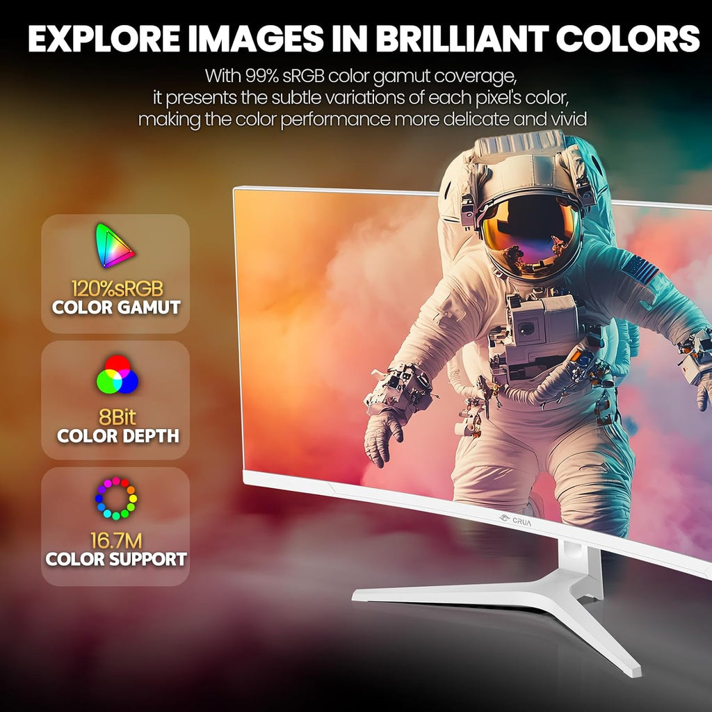 CRUA 34' Curved Gaming Monitor, WQHD 3440x1440, 120Hz Computer Monitors, 1500R VA Screen, 120% sRGB, AMD FreeSync, Blue Light Filter, HDMI 2.0 & DP 1.4, Wall Mountable Installs- White