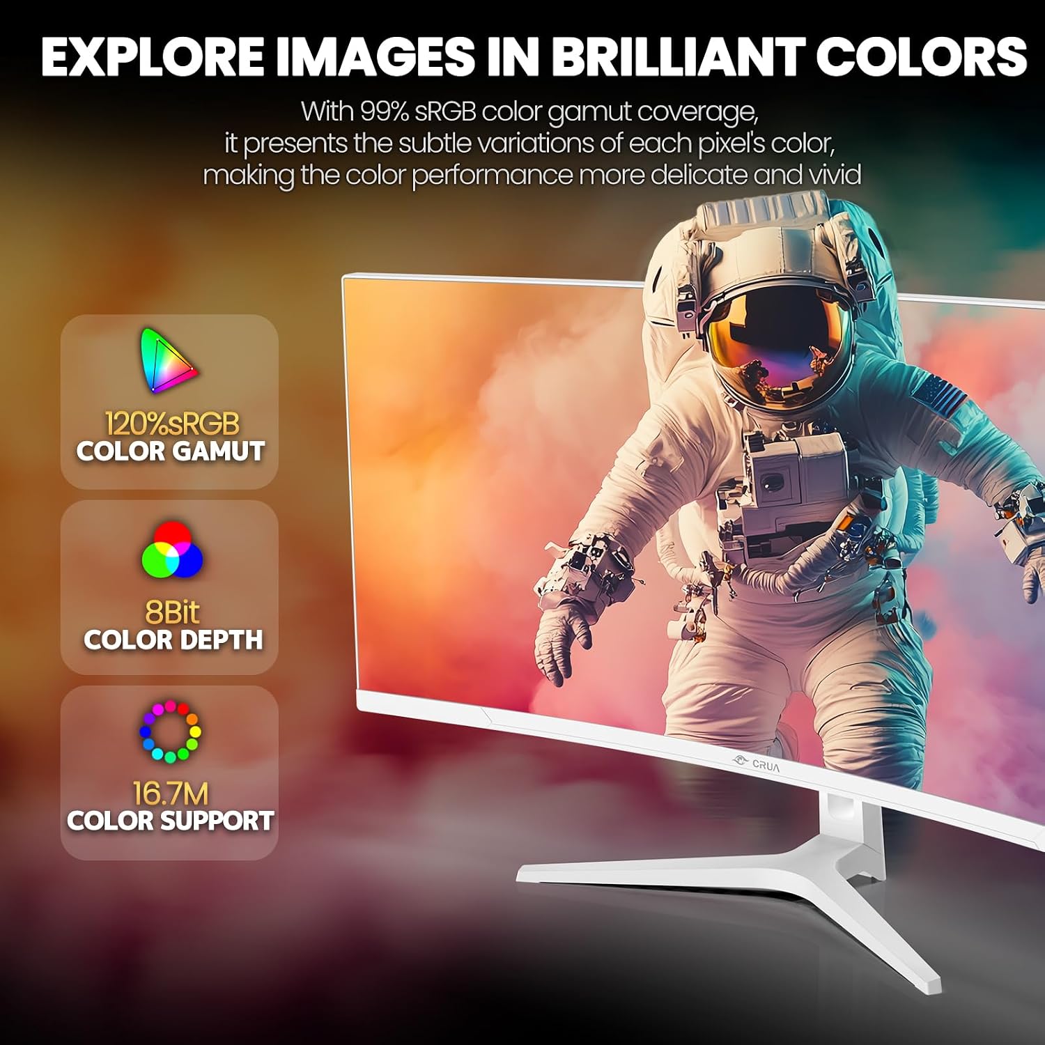 CRUA 34' Curved Gaming Monitor, WQHD 3440x1440, 120Hz Computer Monitors, 1500R VA Screen, 120% sRGB, AMD FreeSync, Blue Light Filter, HDMI 2.0 & DP 1.4, Wall Mountable Installs- White
