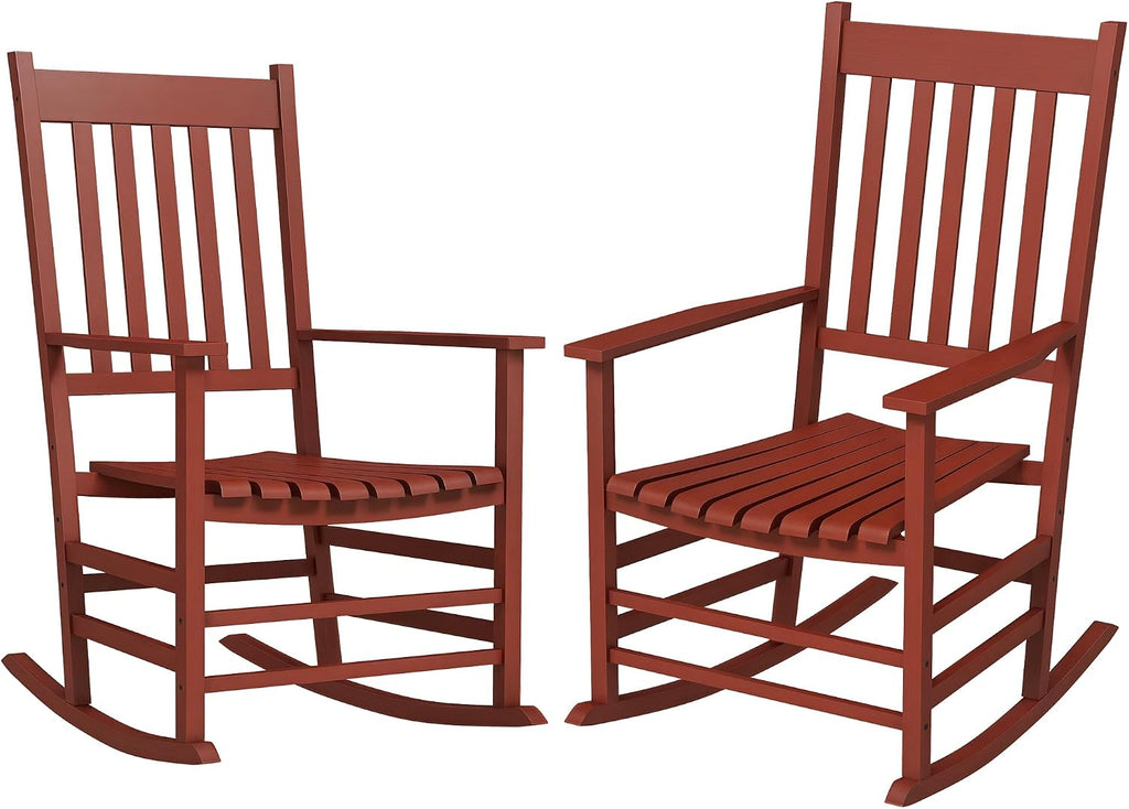 Outsunny Outdoor Rocking Chair Set of 2, Patio Rocking Chair with Smooth Curves, High Density Wooden Rockers for Lawn Garden Porch, Supports Up to 350lbs, Wine Red
