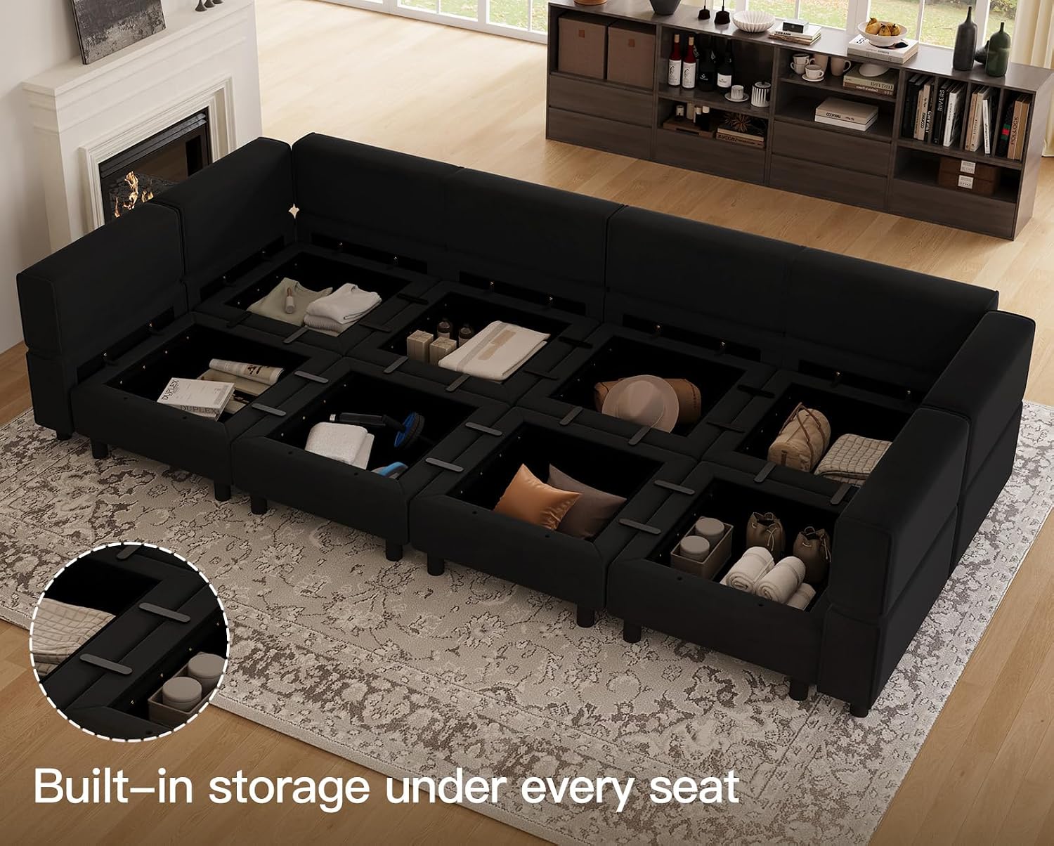 Belffin Modular Sectional Sofa with Storage Chaises Sleeper Couch 8 Seat Sectional Sofa Bed Black