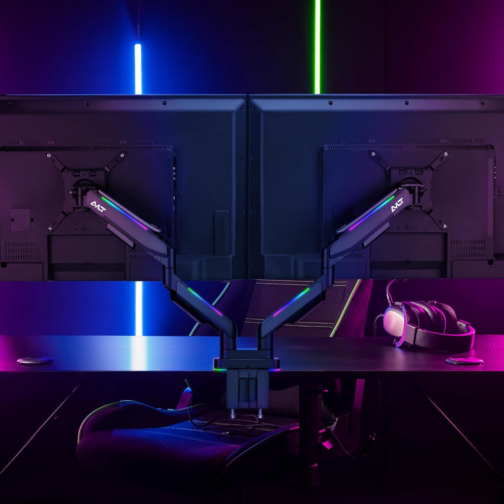 AVLT RGB Lights Dual 17'-43' Gaming Monitor Arm Desk Mount, Fits Two Flat/Curved/Ultrawide Screen up to 44lbs(20kg), Height Swivel Tilt Adjustable Stand - Black