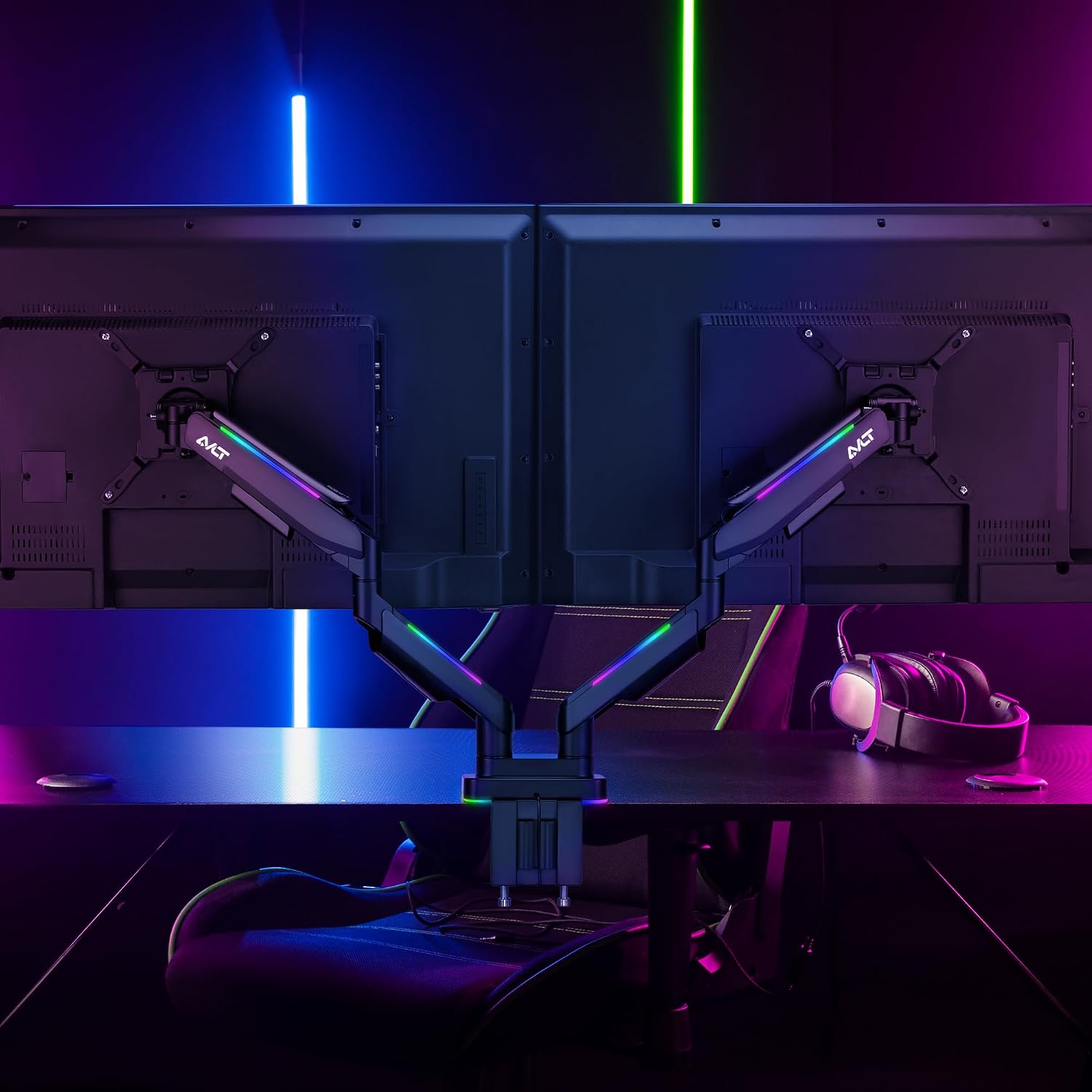 AVLT RGB Lights Dual 17'-43' Gaming Monitor Arm Desk Mount, Fits Two Flat/Curved/Ultrawide Screen up to 44lbs(20kg), Height Swivel Tilt Adjustable Stand - Black