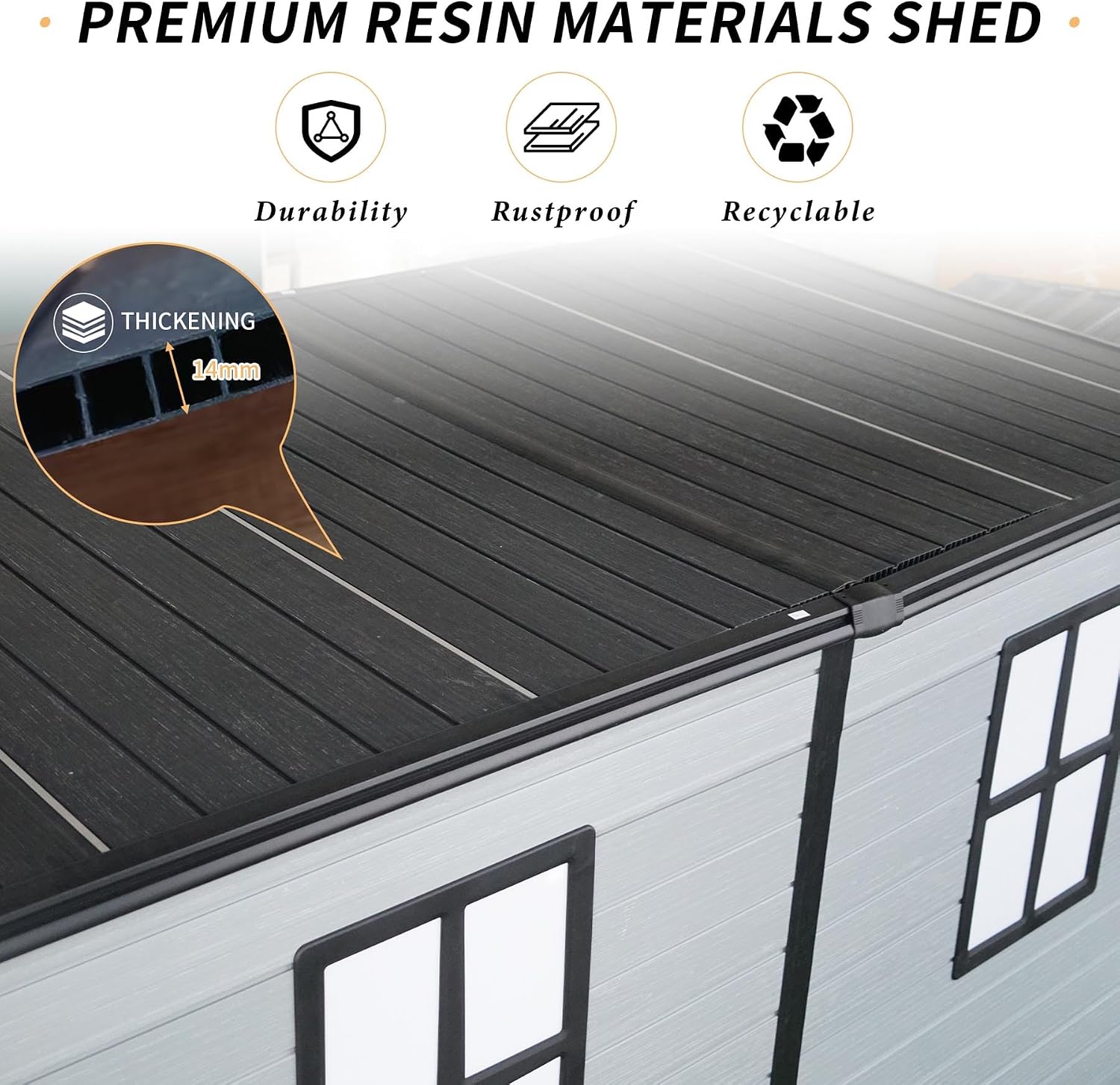 4x8FT Resin Outdoor Storage Shed with 2 Windows, Outdoor Storage Shed with Floor Lockable Door for Garden Tools, Bicycles, Trash Cans, Gray+Black (4x8 FT Steel)