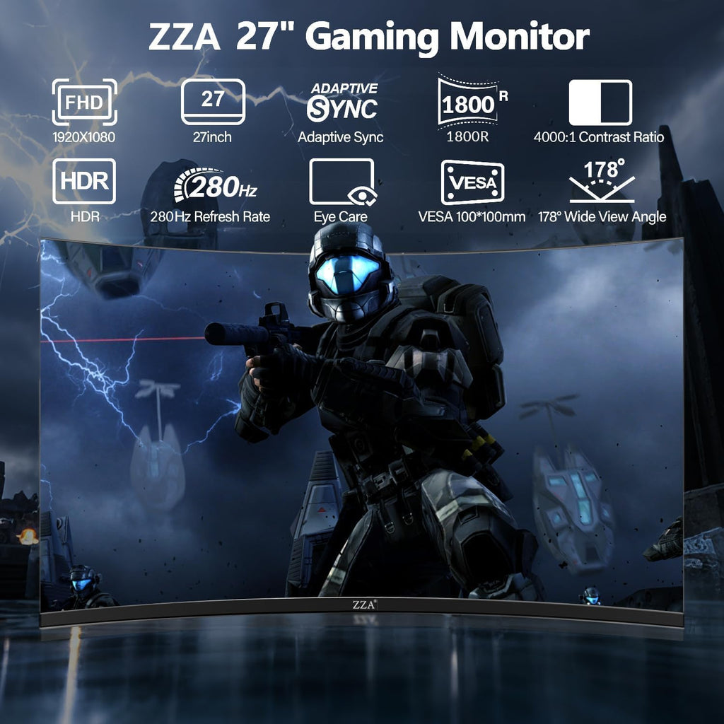 ZZA 27 Inch Curved Monitor 280Hz/240Hz FHD 1080P,Gaming Monitor 1800R VA Screen,Monitor 27 Inch 4000:1 120% sRGB,1Ms,AMD FreeSync,HDR,Low Blue Light,HDMI DP,VESA Support, DP Cable Incl