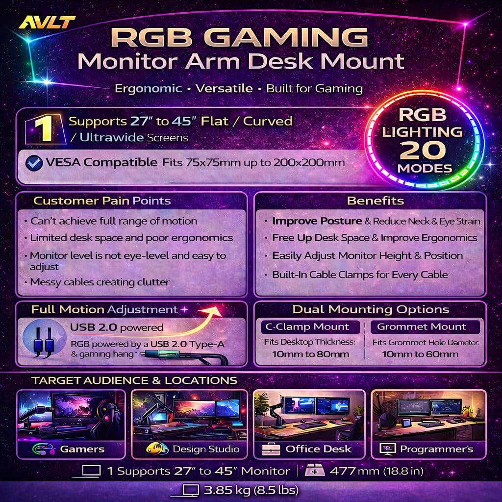 AVLT Single 27'-45' RGB Gaming Monitor Arm Desk Mount Built-in 20 Lighting Modes Touch Button Control Fits Flat/Curved/Ultrawide Screens Height Swivel Tilt Rotation Adjustable Stand -Dark Gray