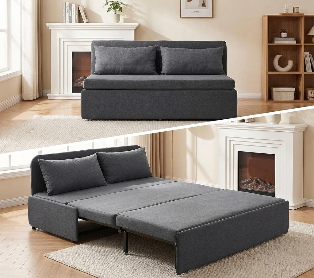 BALUS 61' Queen Sofa Bed Couch Convertible Sleeper with Pullout Beds, Folding Sofabed Guest Bed with 2 Pillows, Tri-fold Mattress Sofas Armless Loveseat for Living Room Apartment Loft - Dark Gray