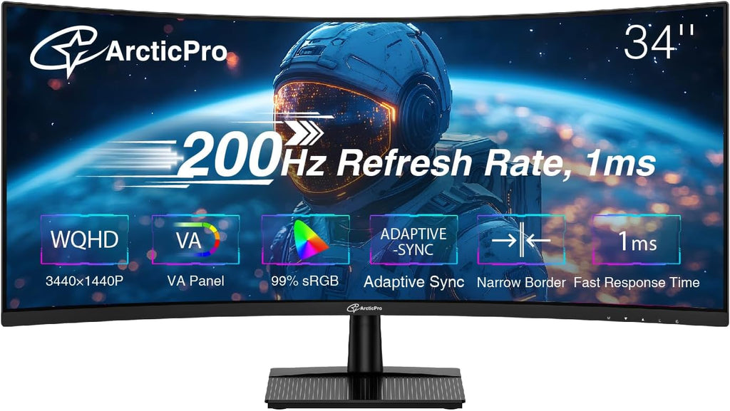 ArcticPro 34inch 200Hz Curved Gaming Monitor, WQHD 3440 * 1440p Computer Monitor, 1ms MPRT, Adaptive sync, 3000:1, 3-Sided Frameless, Ultra Slim, 122% sRGB, Bluelight Filter, HDMI(TMDS)& DP Ports