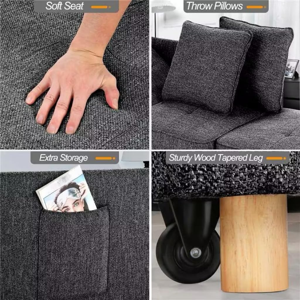 SEJOV Sofa Bed 4-in-1 Convertible Sofas & Couches, 3-Seat Linen Fabric loveseat Sofa with 2 Throw Pillow, Single Recliner for Small Space with 5 Adjustable Backrest, Black