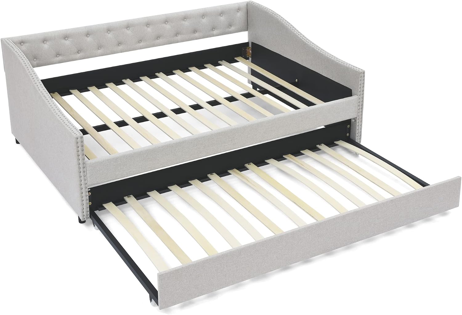 KEIKI Full Size Upholstery Daybed with Trundle and Headboard, Mid-Century Style Tufted Sofa Bed with Button on Back, Easy Assembly, No Box Spring Required, for Living Room and Bedroom, Beige