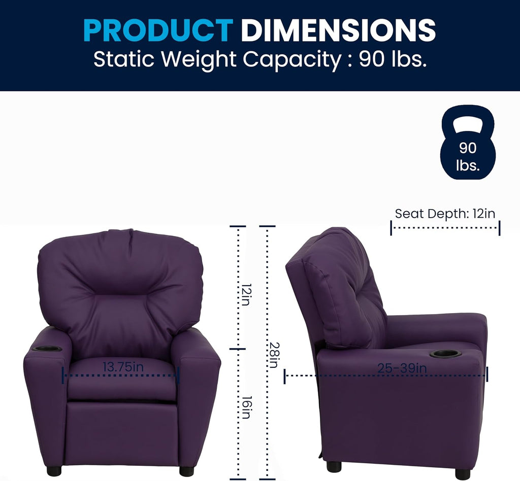 Flash Furniture Chandler Vinyl Kids Recliner with Cup Holder and Safety Recline, Contemporary Reclining Chair for Kids, Supports up to 90 lbs., Purple